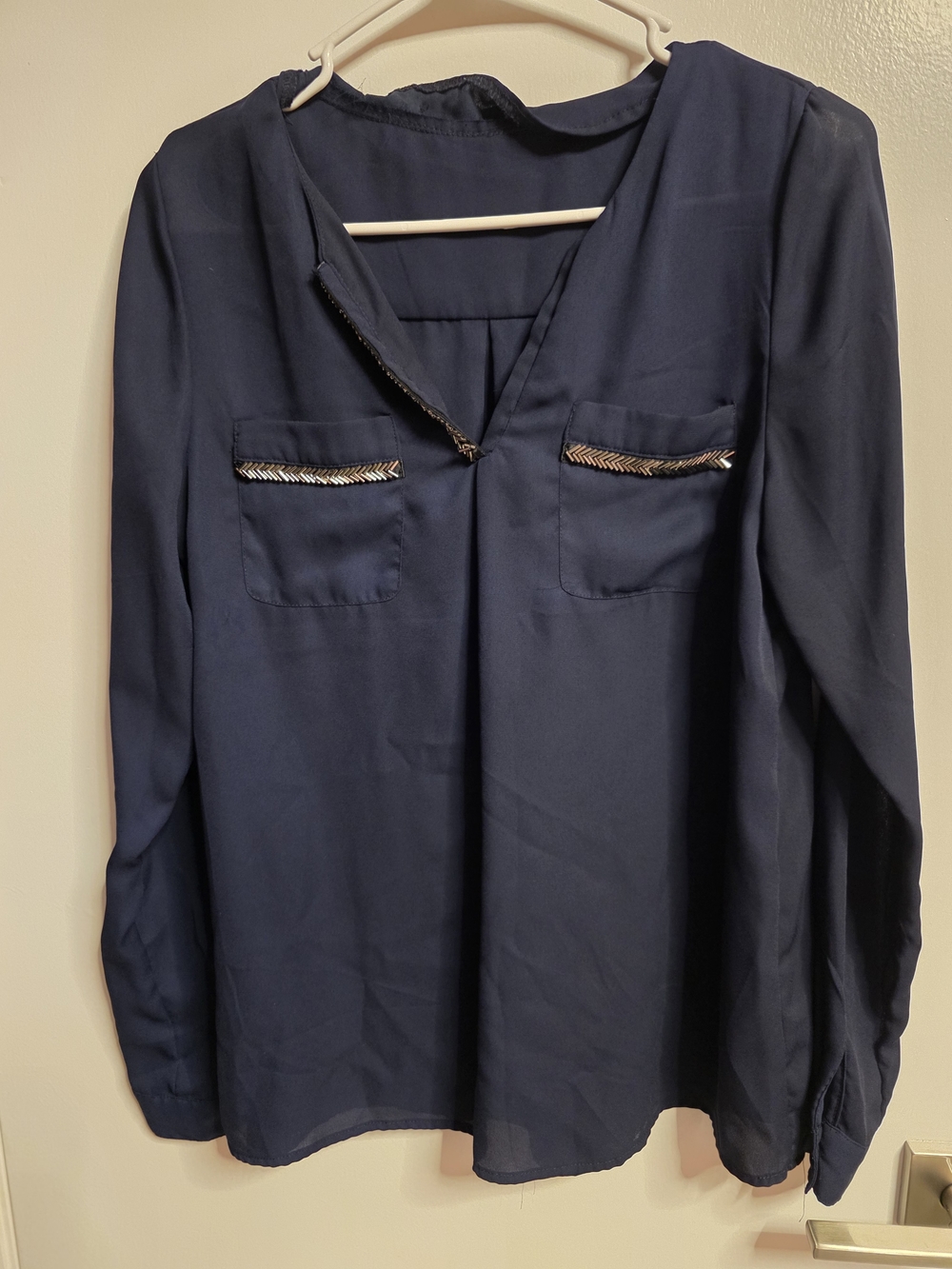 Navy Long-Sleeve V-Neck Blouse with Zip Detail